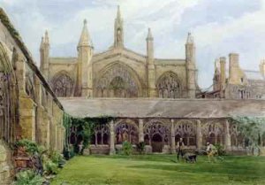 New College cloisters with gardener