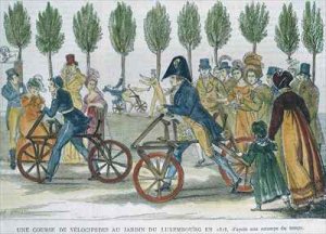 A velocipede race at Jardin du Luxembourg in 1818