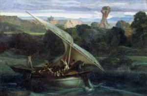 Polyphemus attacking sailors in their boat