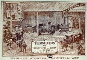 Poster advertising Machinery for Disinfection by Steam produced by Hallu Aine, end nineteenth century