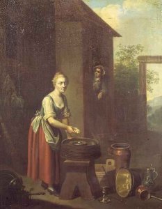 A maid washing dishes in a yard