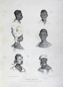 Negro Heads with punishments for Intoxication and Dirt-eating, from 'West Indian Scenery with Sketches of Negro Character', 1836